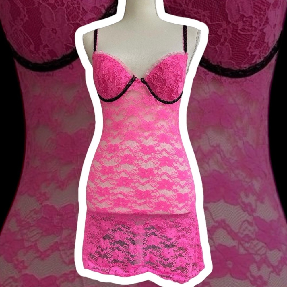 Y2K‎ Hot Pink Lace Mini Dress Lingerie Adjustable Spaghetti Straps Glam  S